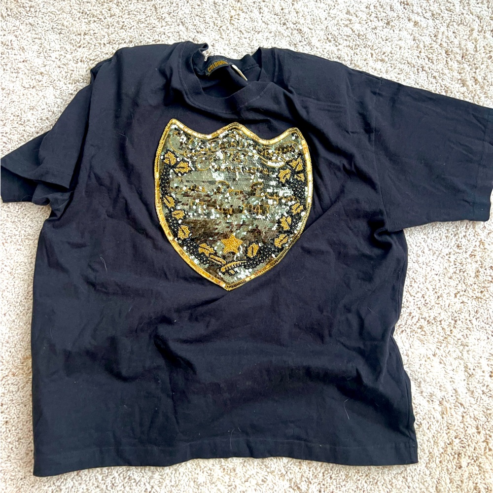 Vintage Black 🖤 Dom Perignon Champagne 🍾 Sequin Patch T-Shirt Tee Size L 💛🍾